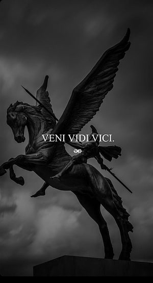 Black and white statue of a winged horse with rider holding a spear against a cloudy sky HD phone wallpaper
