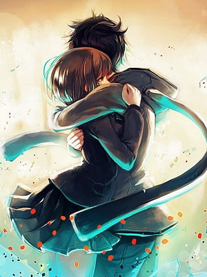 Emotional Anime Couple Embrace in Warm Watercolor Style HD phone wallpaper