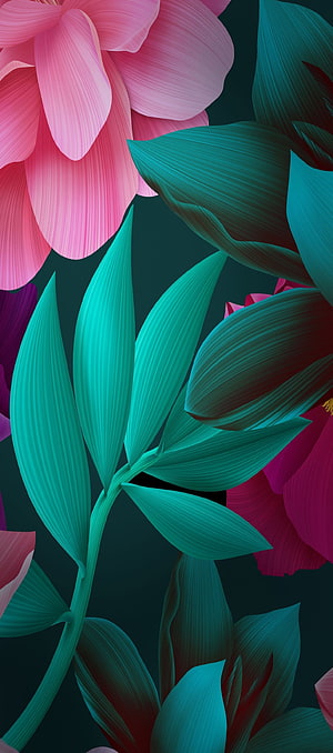 Vibrant Pink and Teal Floral Abstract Art with Textured Petals and Leaves on Dark Background HD phone wallpaper