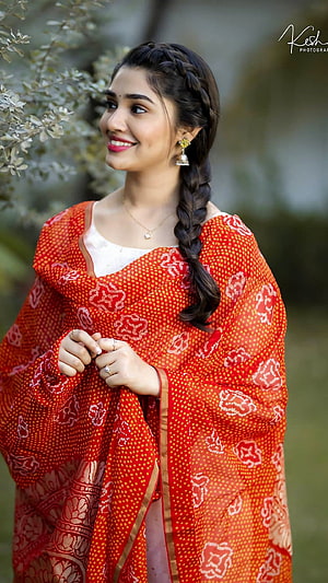 Woman in Red Bandhani Print Dupatta with Braided Hair, Krithi shetty, telugu actress HD phone wallpaper