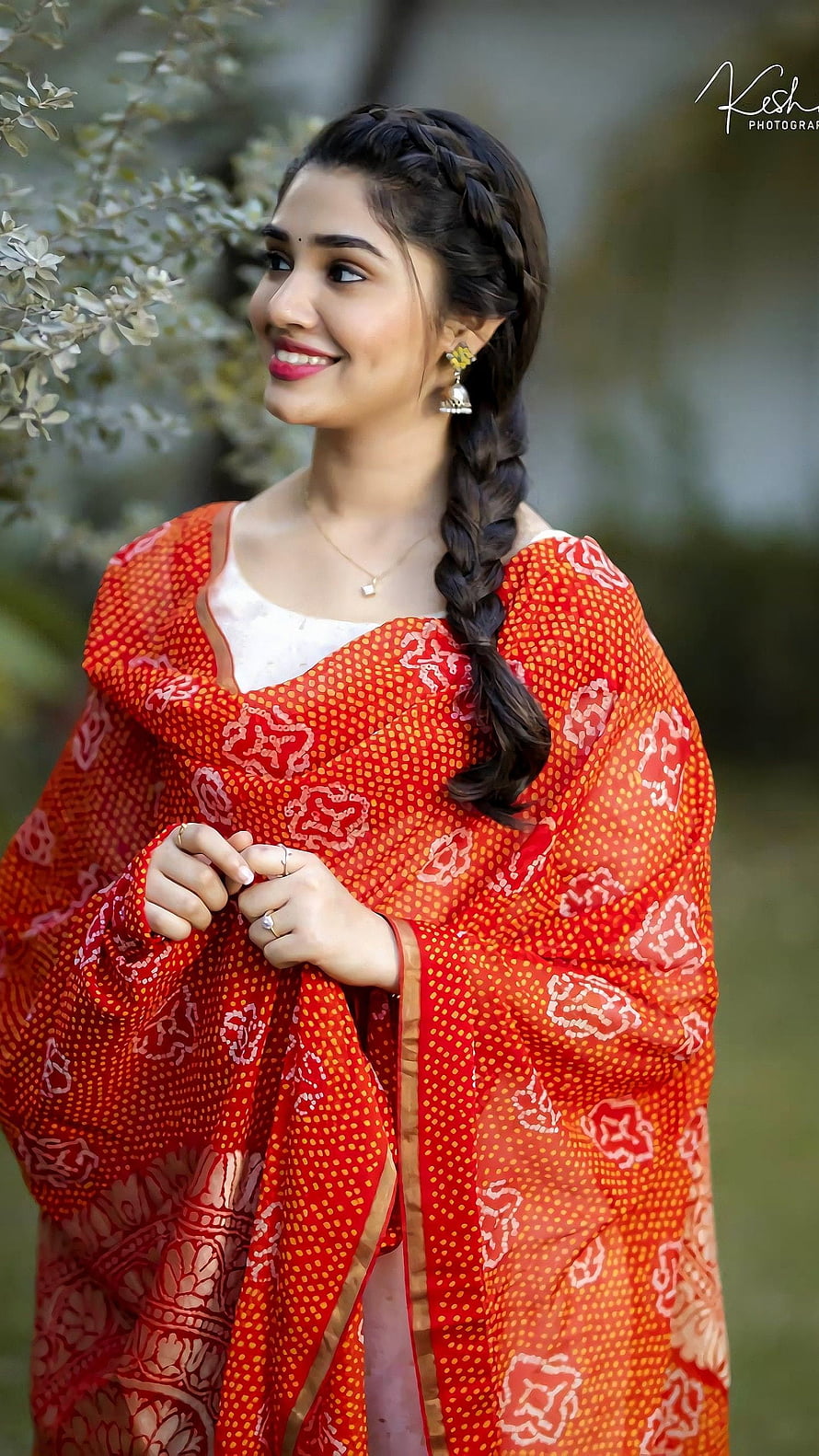Woman in Red Bandhani Print Dupatta with Braided Hair, Krithi shetty, telugu actress HD phone wallpaper