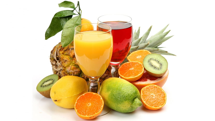 Fresh Tropical Fruit Arrangement With Pineapple, Kiwi, Oranges, Lemon, Lime, And Two Glasses Of Juice HD wallpaper
