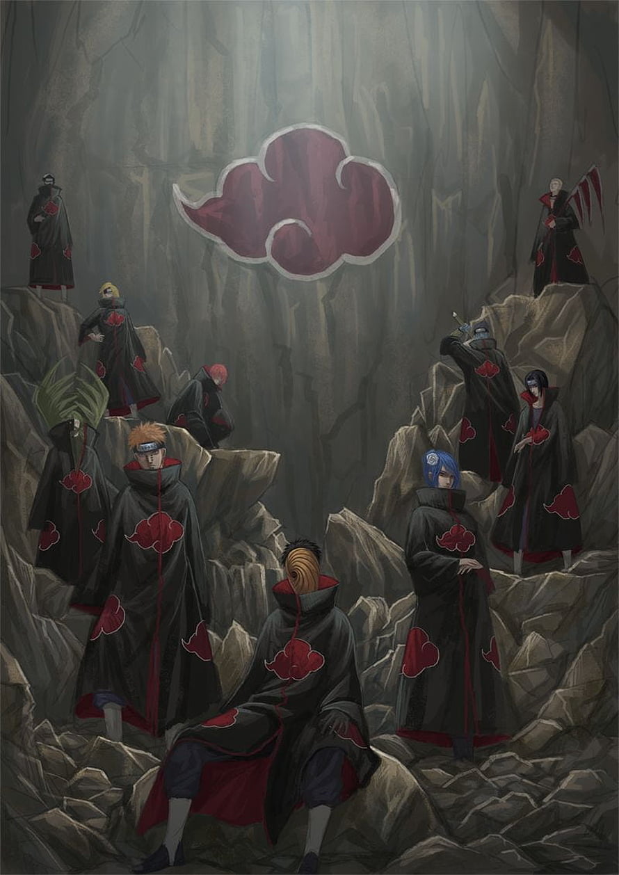 Akatsuki Members Gathering in Rocky Canyon with Red Cloud Symbol HD phone wallpaper
