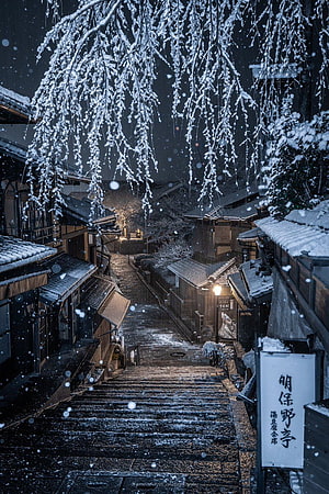 Snowy Night in Kyoto: Traditional Japanese Street with Falling Snow and Lanterns HD phone wallpaper