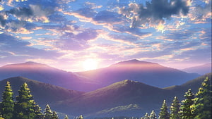 Attack on Titan Mountain Landscape at Sunset with Pine Trees and Cloudy Sky HD wallpaper
