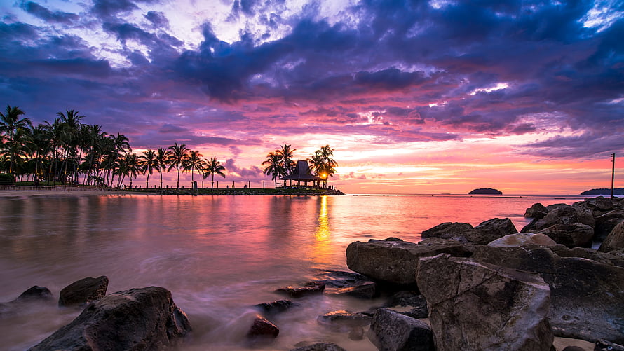 Vibrant Sunset Over Tropical Beach With Palm Trees And Rocky Shoreline HD wallpaper