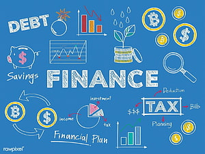 Hand-drawn finance infographic with savings, debt, tax, and investment icons on blue background HD wallpaper