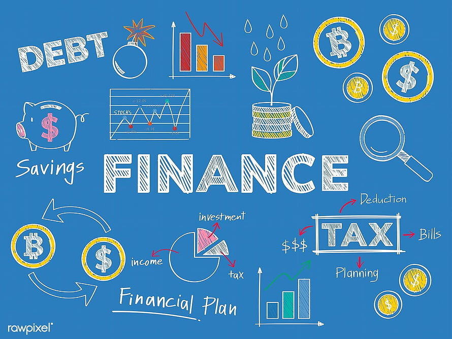 Hand-drawn finance infographic with savings, debt, tax, and investment icons on blue background HD wallpaper