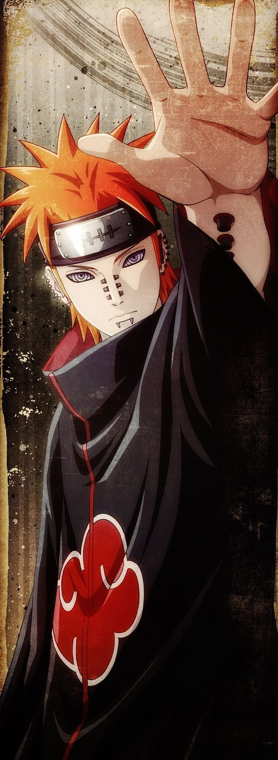 Pain Nagato from Naruto Shippuden in Akatsuki Cloak with Hand Raised HD phone wallpaper