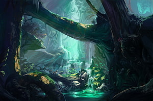 Mystical Ancient Forest Scene With Glowing Waterfall And Lush Jungle Foliage HD wallpaper