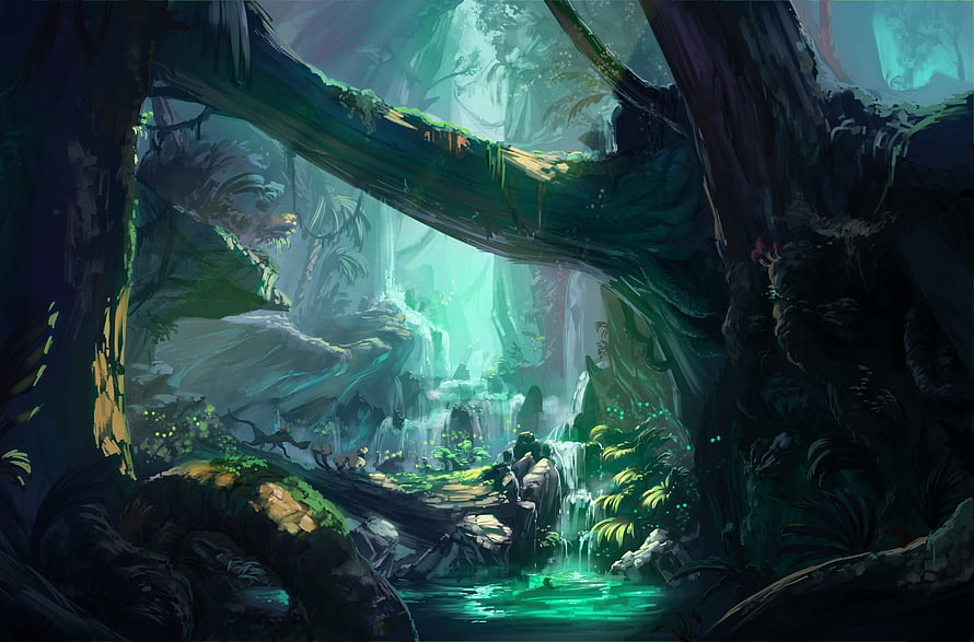 Mystical Ancient Forest Scene With Glowing Waterfall And Lush Jungle Foliage HD wallpaper