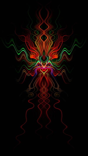 Vibrant Psychedelic Fractal Art with Neon Red and Green Wavy Lines on Black Background HD phone wallpaper