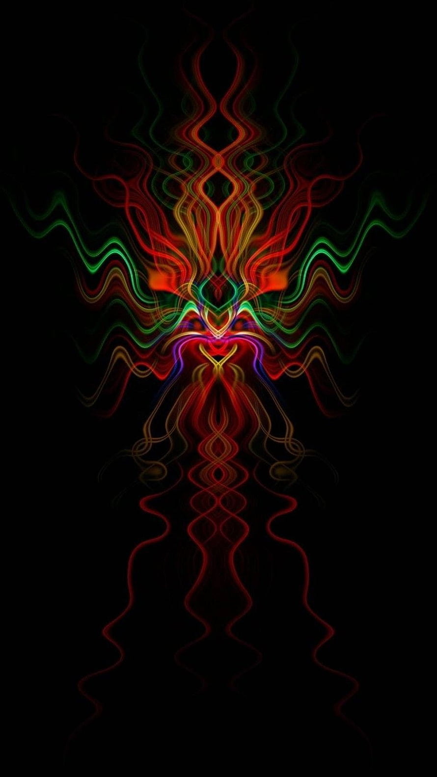 Vibrant Psychedelic Fractal Art with Neon Red and Green Wavy Lines on Black Background HD phone wallpaper