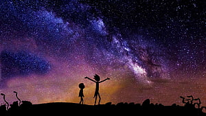 Rick and Morty Silhouette Watching the Milky Way Galaxy at Night HD wallpaper