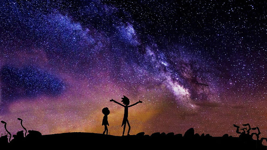 Rick and Morty Silhouette Watching the Milky Way Galaxy at Night HD wallpaper
