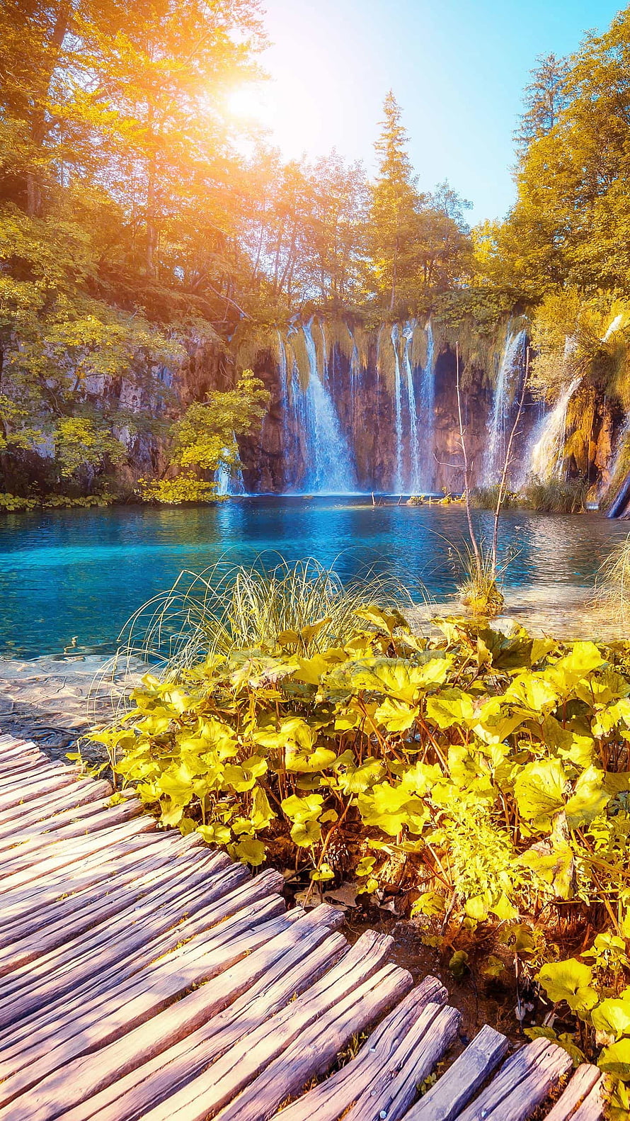 Sunlit Waterfall Cascading Into Turquoise Pool With Wooden Boardwalk HD phone wallpaper