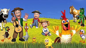 Colorful 3D animated farm scene with farmers, cows, horses, chickens, and ducks on a sunny green hill HD wallpaper