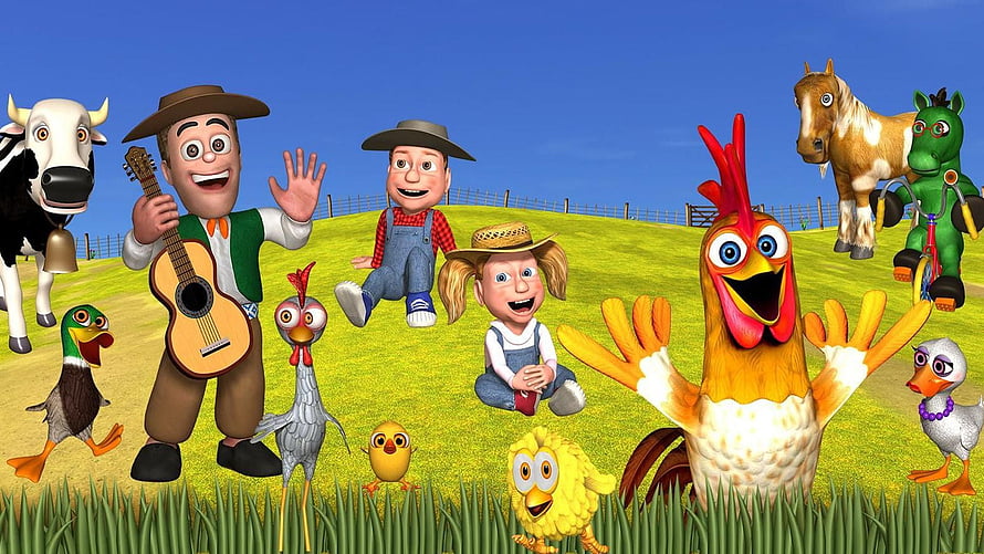 Colorful 3D animated farm scene with farmers, cows, horses, chickens, and ducks on a sunny green hill HD wallpaper