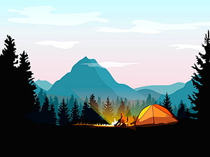 Illustrated Mountain Camping Scene With Campfire And Pine Forest Silhouette HD wallpaper