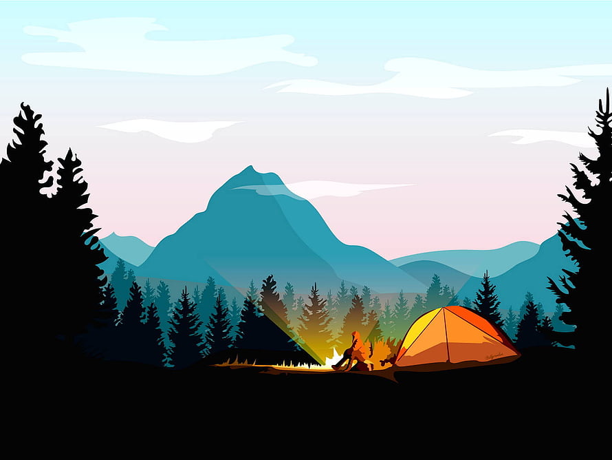 Illustrated Mountain Camping Scene With Campfire And Pine Forest Silhouette HD wallpaper