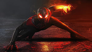 Miles Morales Spider-Man in Black and Red Suit with Glowing Eyes and Electric Powers, Marvels Spider Man Miles Morales, PS5, PlayStation 5, Video Game, Miles Morales HD wallpaper
