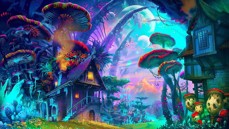 Vibrant Fantasy Mushroom Forest with Enchanted Cottages and Bioluminescent Flora HD wallpaper