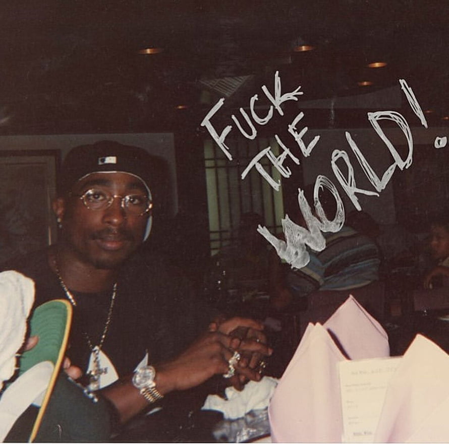Tupac Shakur 90s Hip Hop Portrait with Skateboard and Graffiti Text HD wallpaper