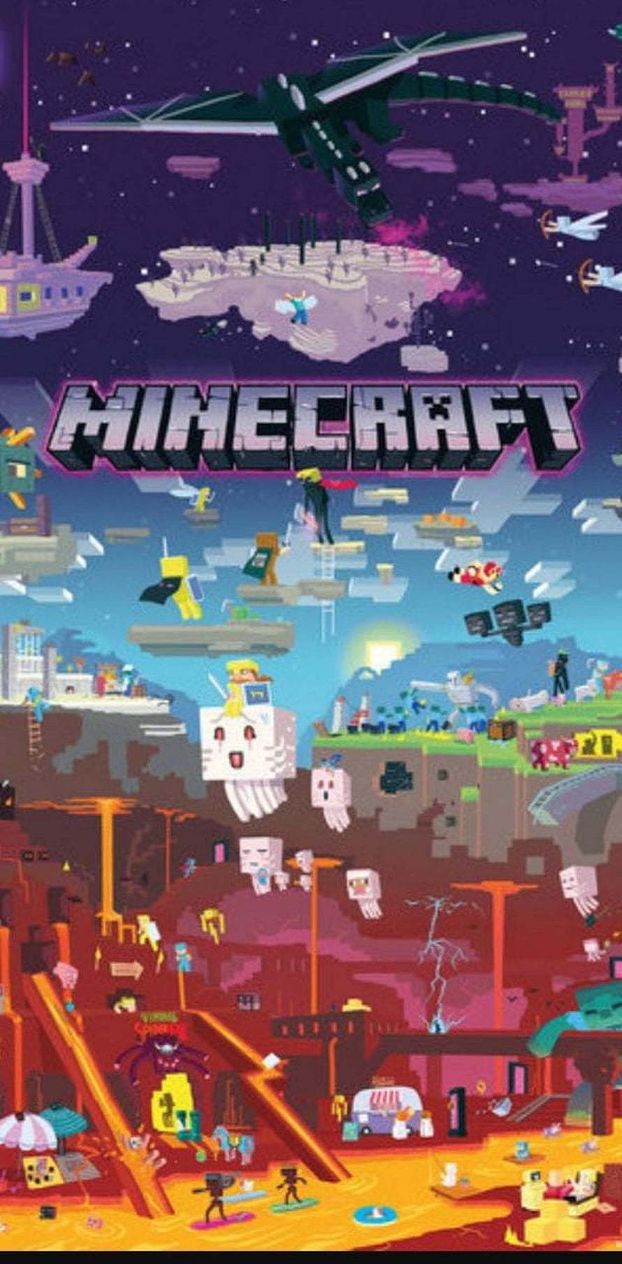 Minecraft The Nether Update Official Artwork Featuring Ender Dragon, Ghasts, and Steve HD phone wallpaper