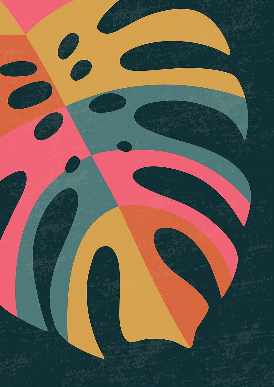 Abstract Monstera Leaf Illustration in Warm Pastel Tones on Dark Background HD phone wallpaper