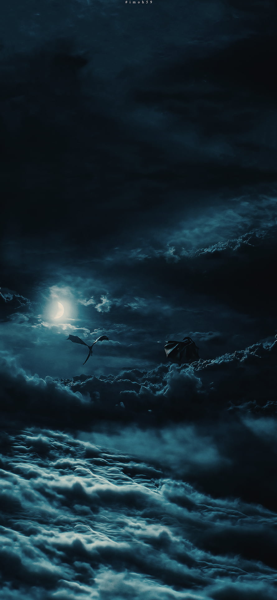 Two Dragons Soaring Through Stormy Night Clouds Under a Crescent Moon HD phone wallpaper