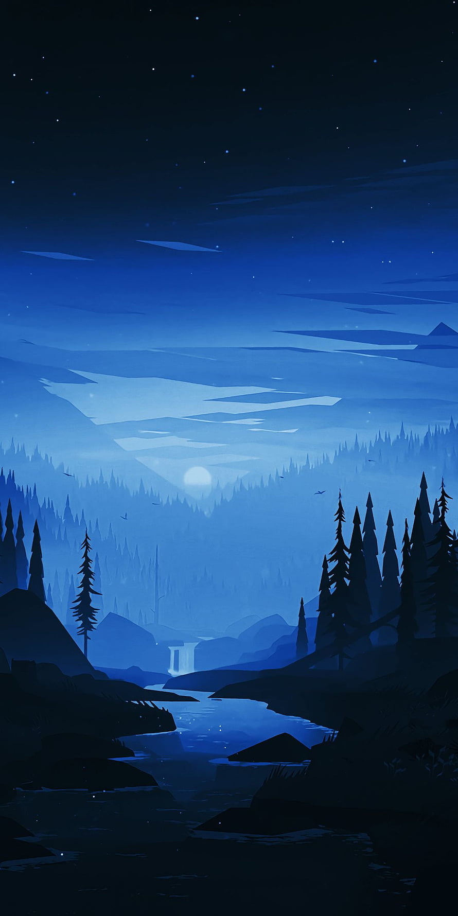 Serene Night Forest Landscape With Moonlit River And Starry Sky HD phone wallpaper