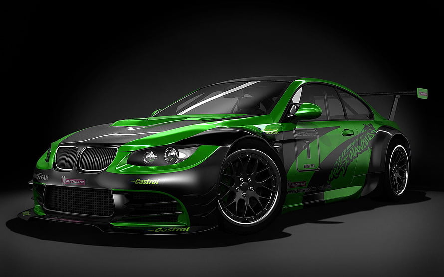 Green and Black BMW M3 GTR Race Car with Wide Body Kit and Sponsor Decals HD wallpaper