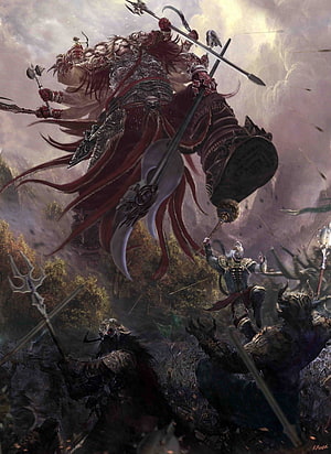 Ravana Wielding Multiple Weapons in Epic Fantasy Battle Scene HD phone wallpaper