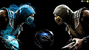 Mortal Kombat 11 Sub-Zero and Scorpion Face-Off with Dragon Emblem HD wallpaper