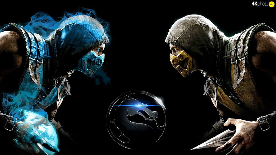 Mortal Kombat 11 Sub-Zero and Scorpion Face-Off with Dragon Emblem HD wallpaper