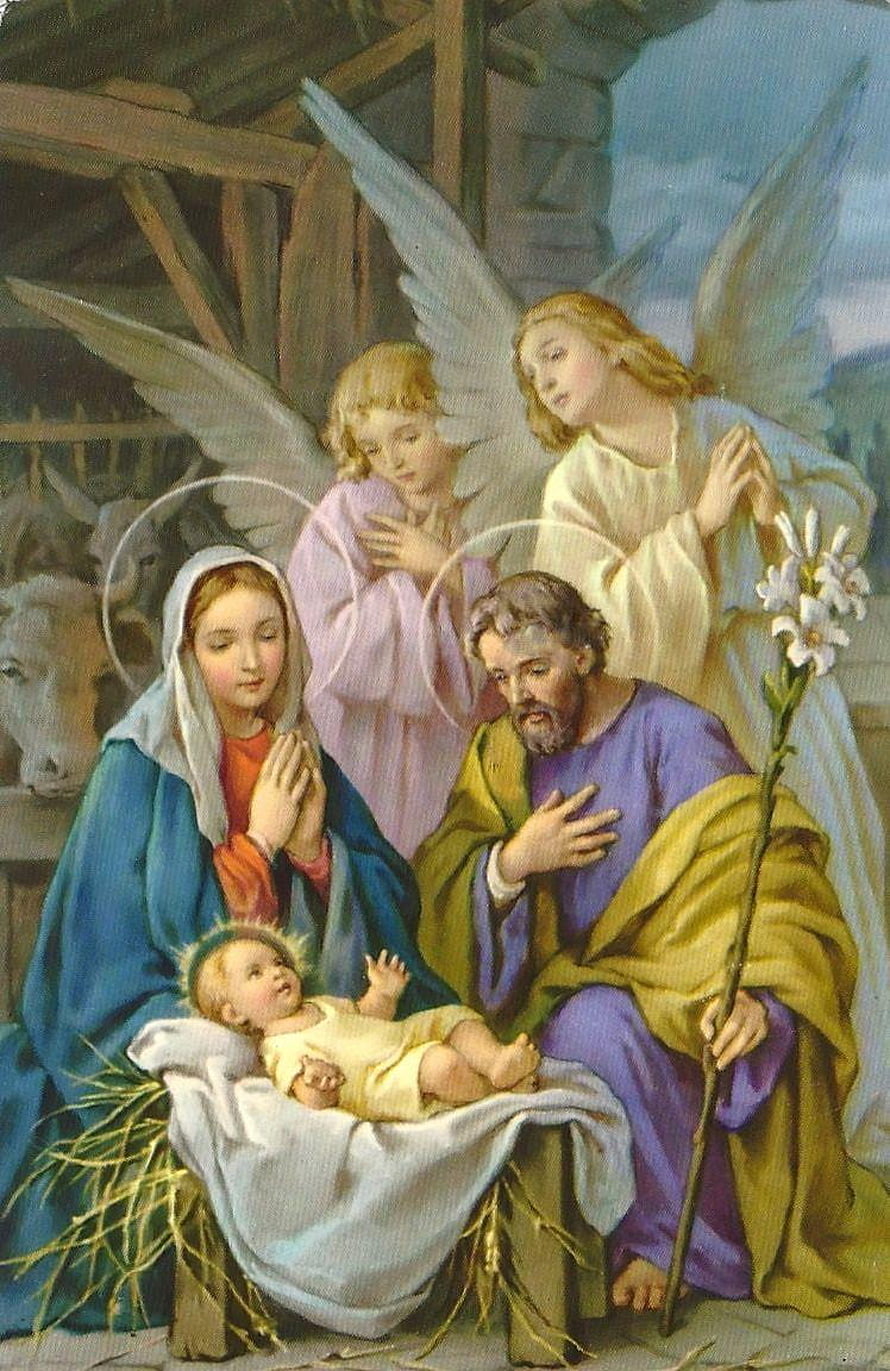 Traditional Nativity Scene with Holy Family and Angels in a Stable HD phone wallpaper