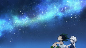 Hunter x Hunter Gon and Killua Stargazing Under a Vibrant Milky Way Night Sky HD wallpaper