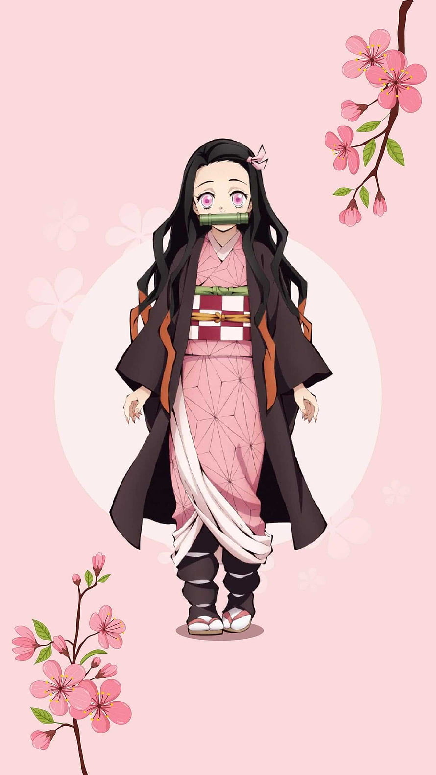 Nezuko Kamado from Demon Slayer in Pink Kimono with Cherry Blossoms HD phone wallpaper