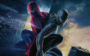 Spider-Man and Black Suit Spider-Man Crouching Together in Rainy Cityscape, 3D Live For Pc Windows 7 - Spiderman 3, Spider-Man Live HD wallpaper