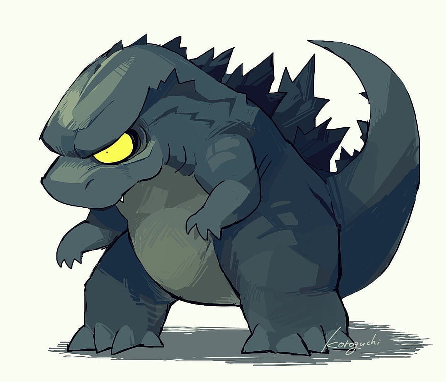 Cute Chibi Godzilla Digital Illustration with Yellow Eyes and Dark Blue Scales HD wallpaper