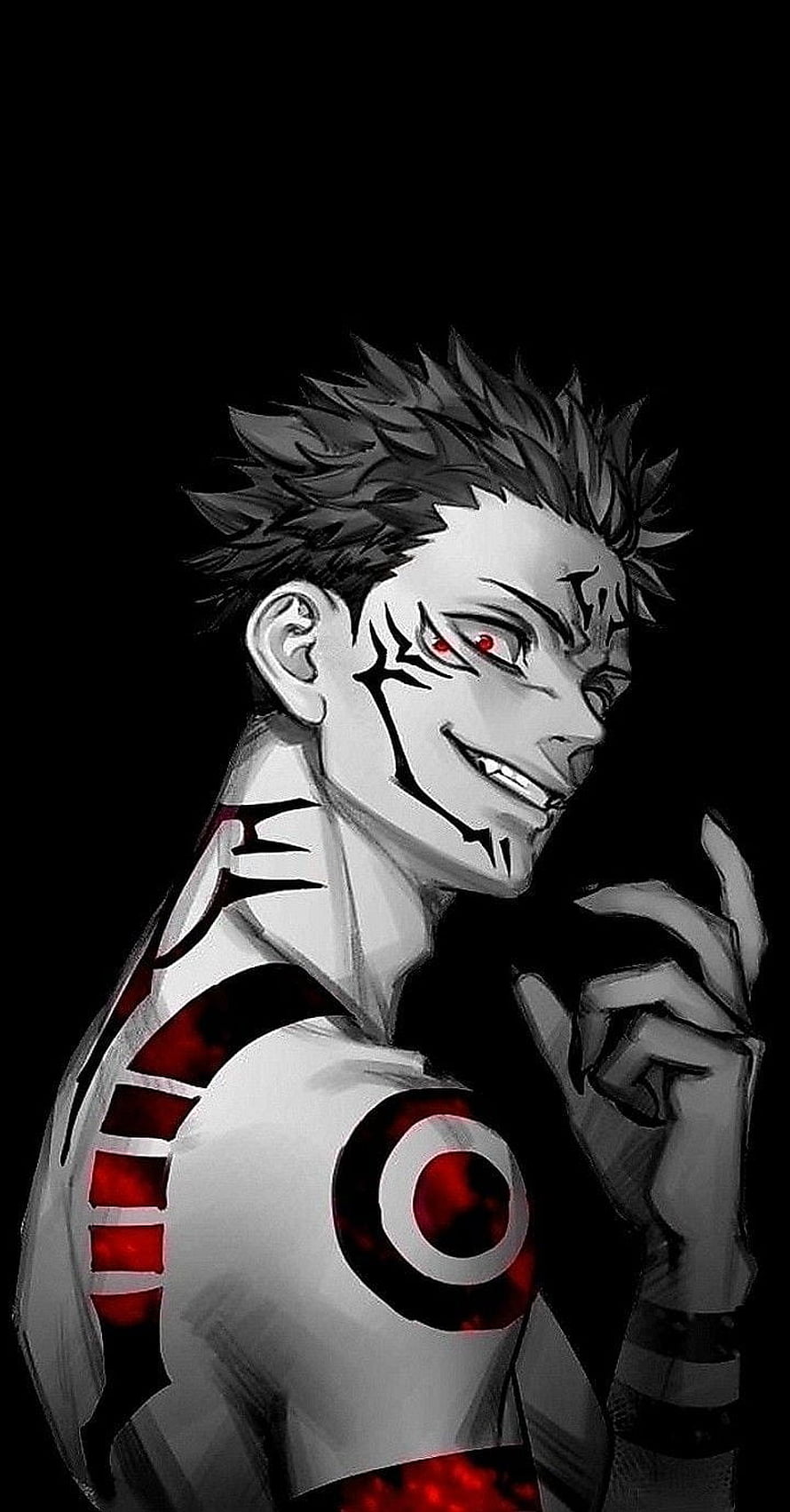 Sukuna Ryomen from Jujutsu Kaisen anime character portrait with red markings and sinister smile HD phone wallpaper