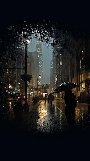 Atmospheric Night City Street Scene With Rain And Umbrellas HD phone wallpaper