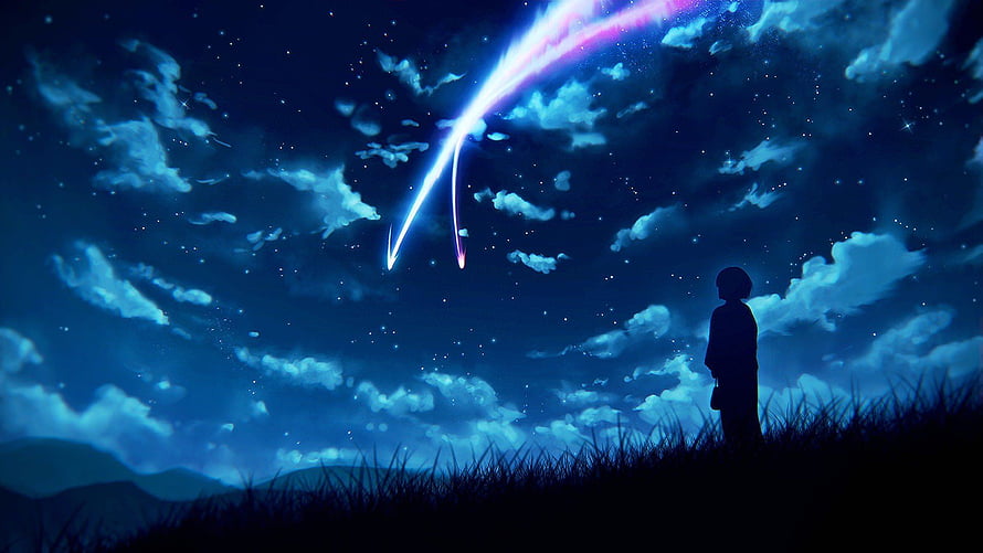 Silhouette of a person watching a glowing comet streak across a starry night sky HD wallpaper