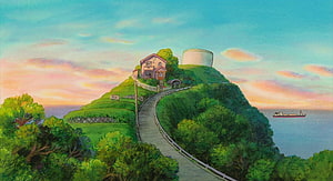 Whisper of the Heart Anime Background - Hilltop House and Winding Road at Sunset HD wallpaper