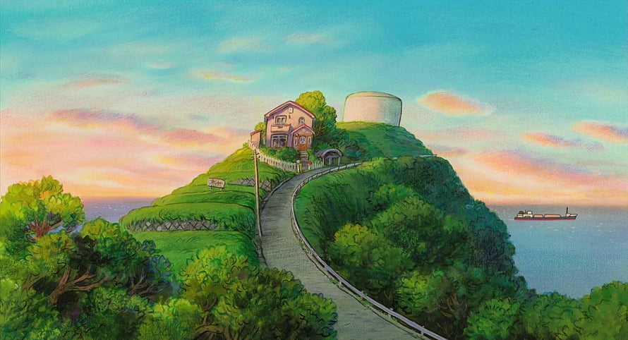 Whisper of the Heart Anime Background - Hilltop House and Winding Road at Sunset HD wallpaper