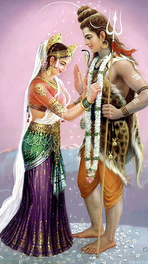 Shiva and Parvati Romantic Painting with Trishul and Floral Garlands, Bholenath Ki , Lord, Shiva Parvati, Vivaha HD phone wallpaper