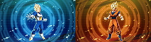 Super Saiyan Vegeta and Goku Side by Side with Blue and Orange Energy Auras HD wallpaper