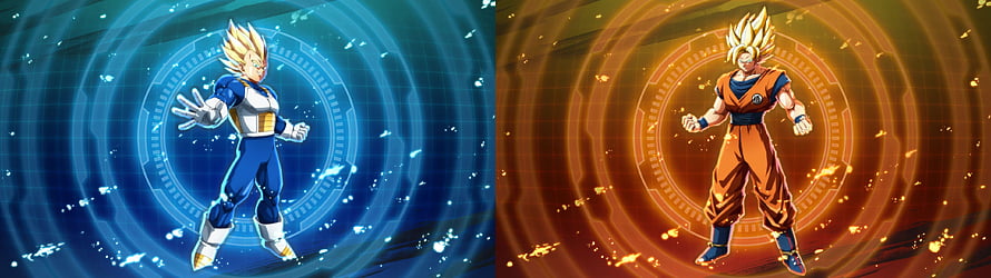 Super Saiyan Vegeta and Goku Side by Side with Blue and Orange Energy Auras HD wallpaper