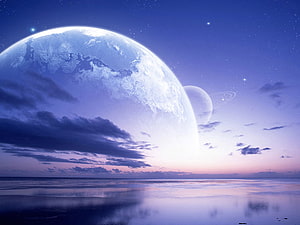Giant Blue Planet Rising Over Calm Ocean at Twilight with Ringed Satellite HD wallpaper