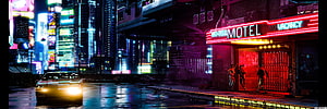 Neon-lit Cyberpunk City Street with Retro Car and No-Tell Motel at Night HD wallpaper